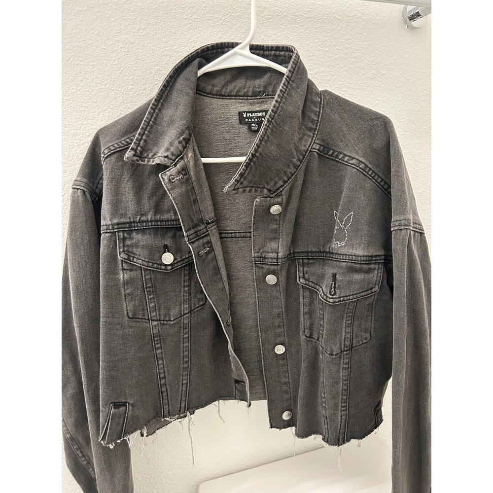 Playboy by PacSun Womens Washed Black Cropped Denim Jacket Rhinestone Logo M/L